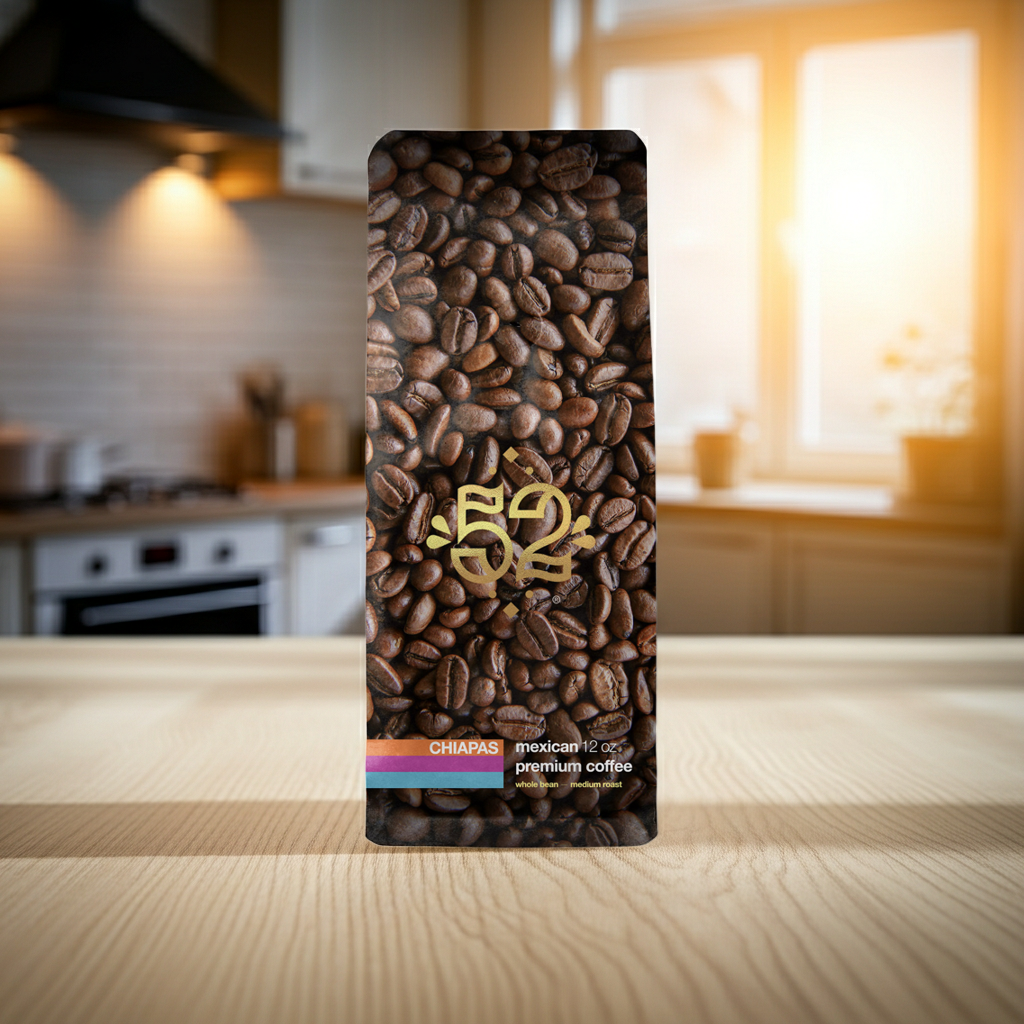 Coffee bean packaging with a kitchen in the background