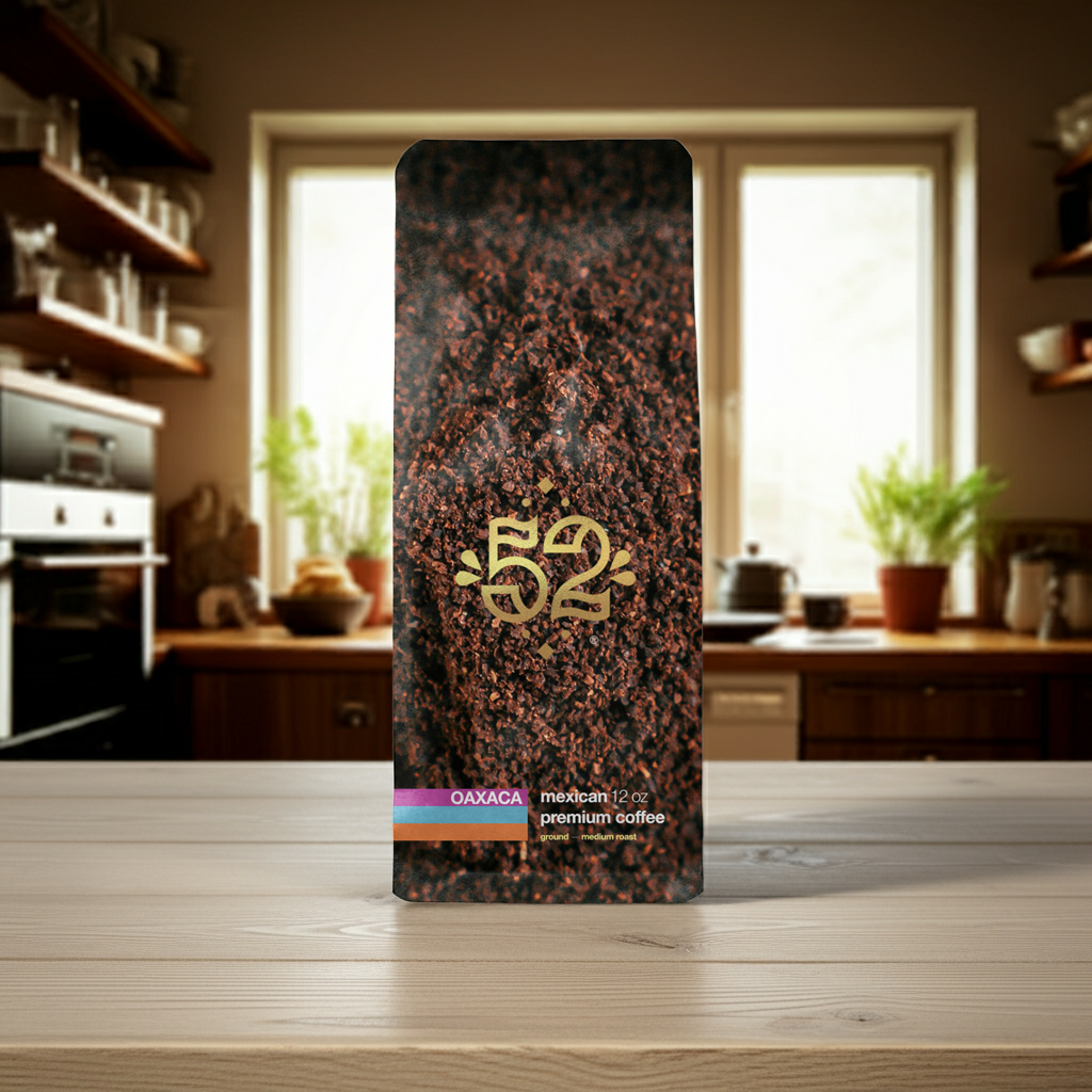 52 Oaxaca coffee package on a kitchen counter