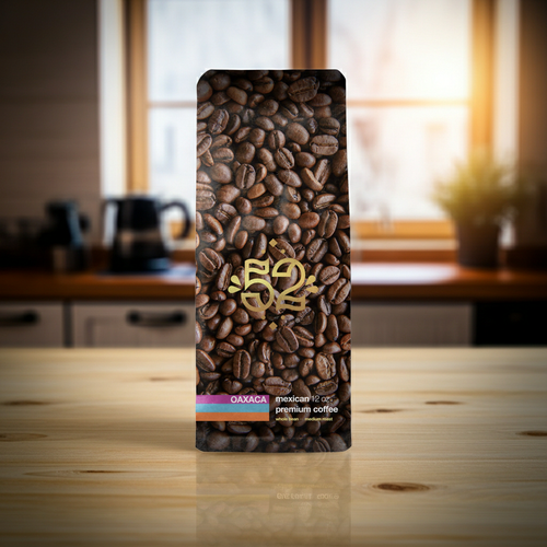 Coffee bean package with brand logo on a wooden surface