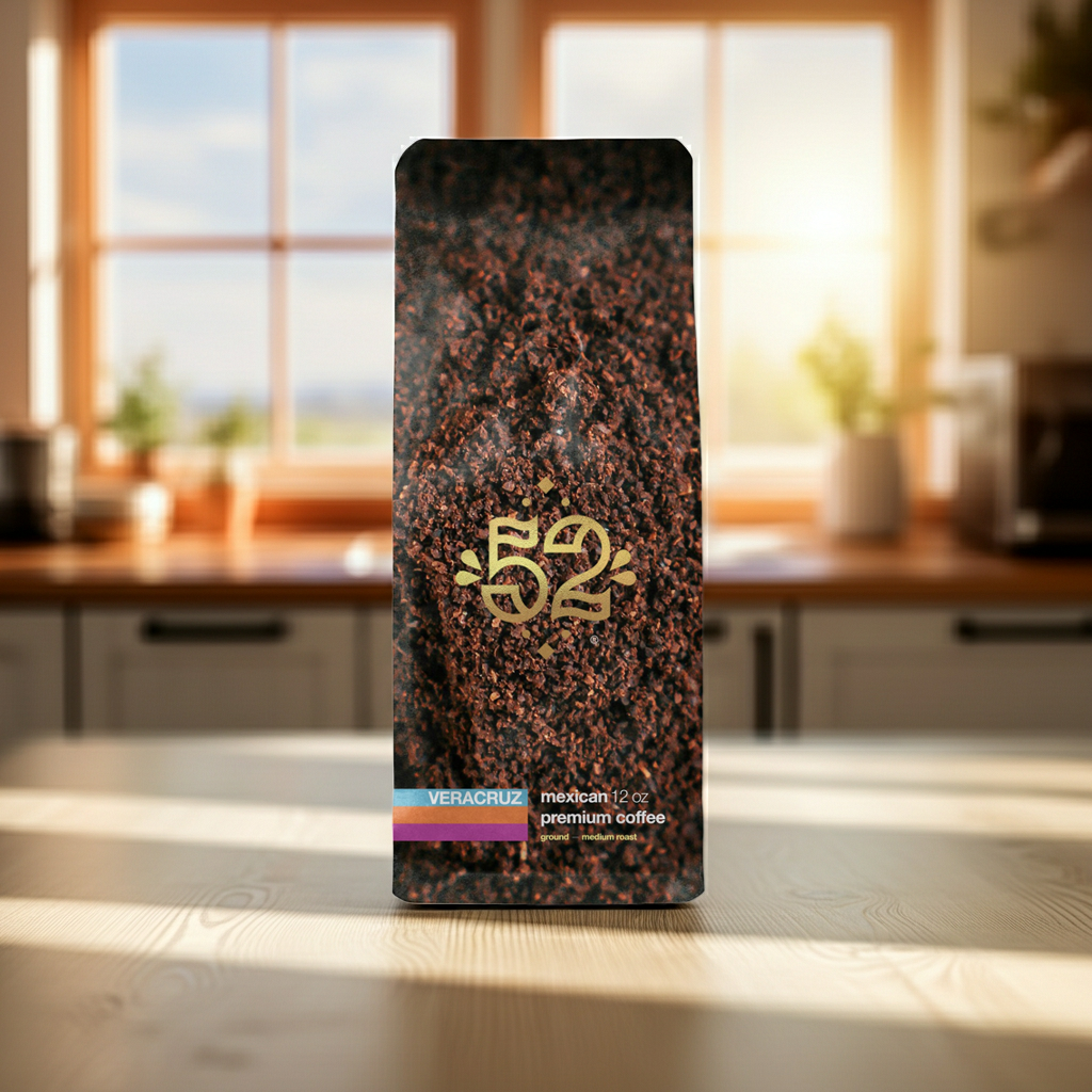 Coffee packaging with '52' branding on a kitchen counter