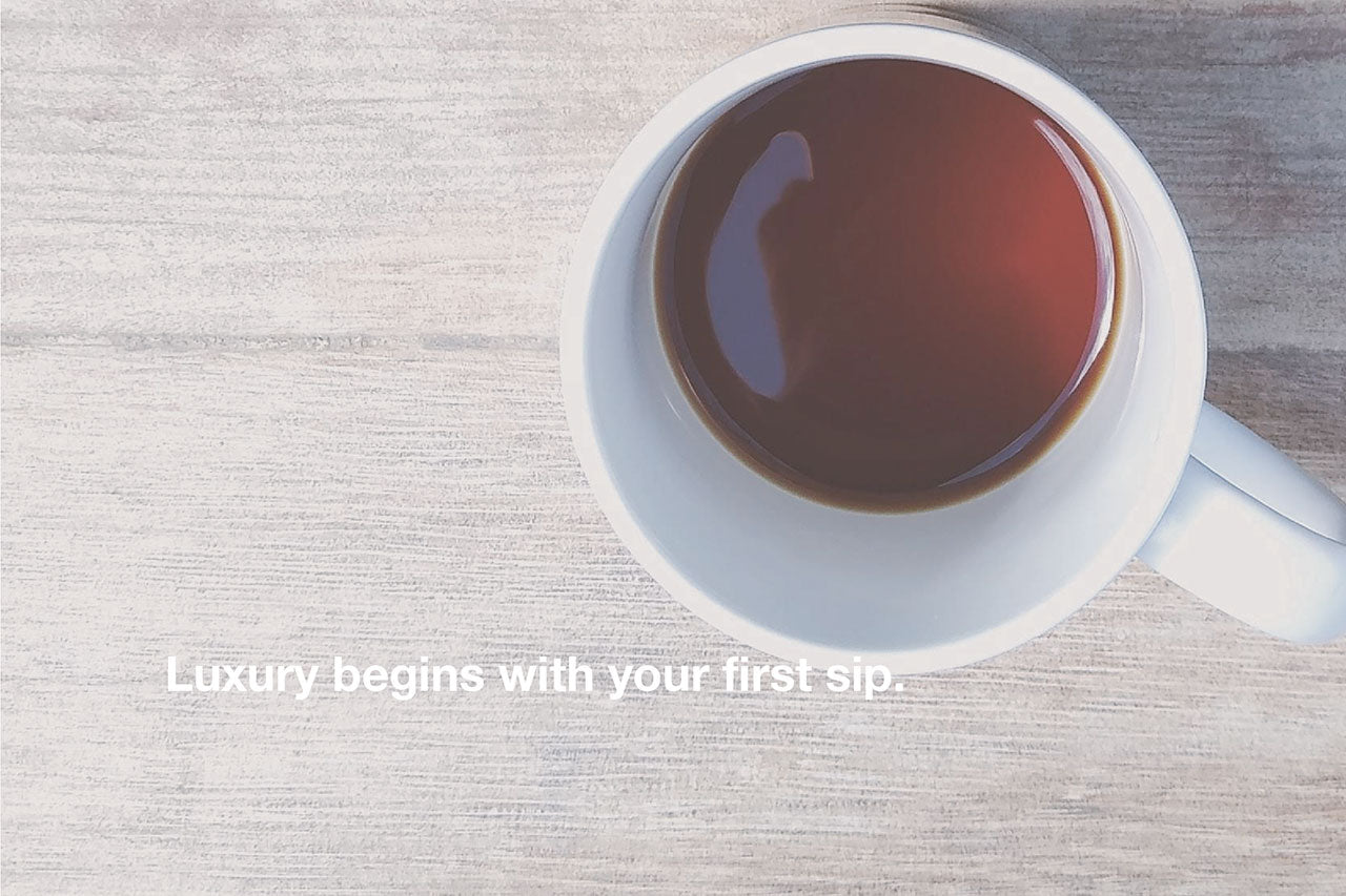 Luxury coffee art print with quote luxury begins with your first sip close-up