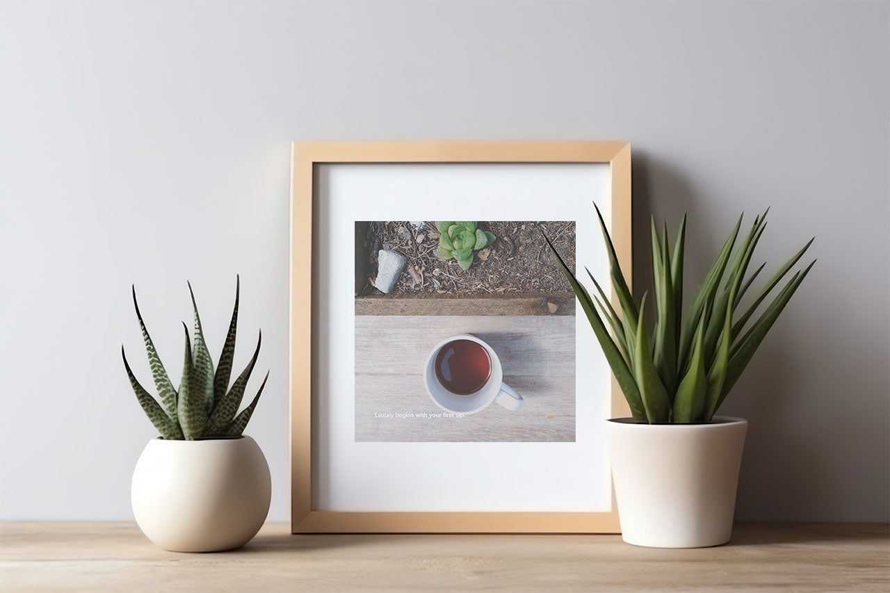 Luxury coffee art print with quote luxury begins with your first sip